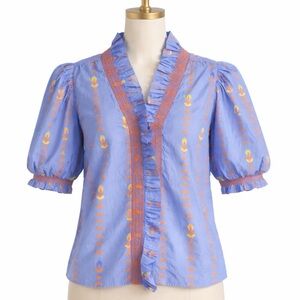 Karlie Blue Blouse with Orange Patterns